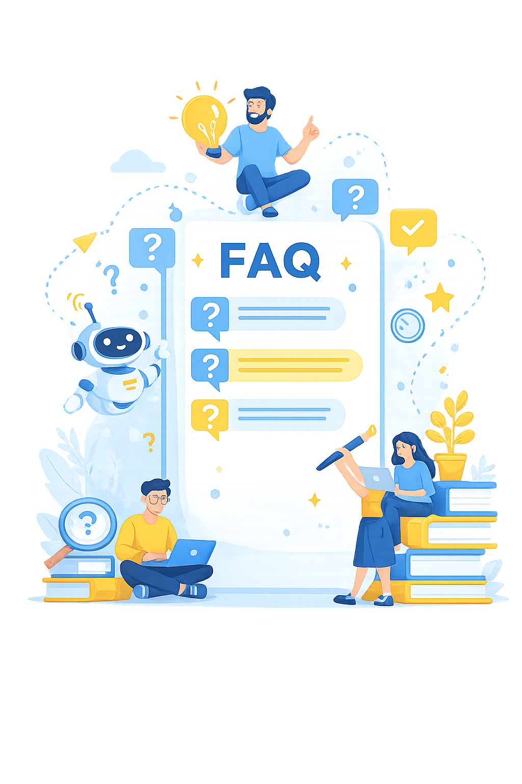 Illustration of people, a chatbot and FAQ chat bubbles representing SubhSync Technologies' frequently asked questions
